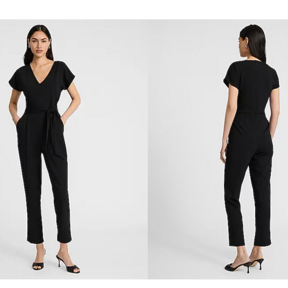 Express V-Neck Tie Waist Straight Leg Jumpsuit XS